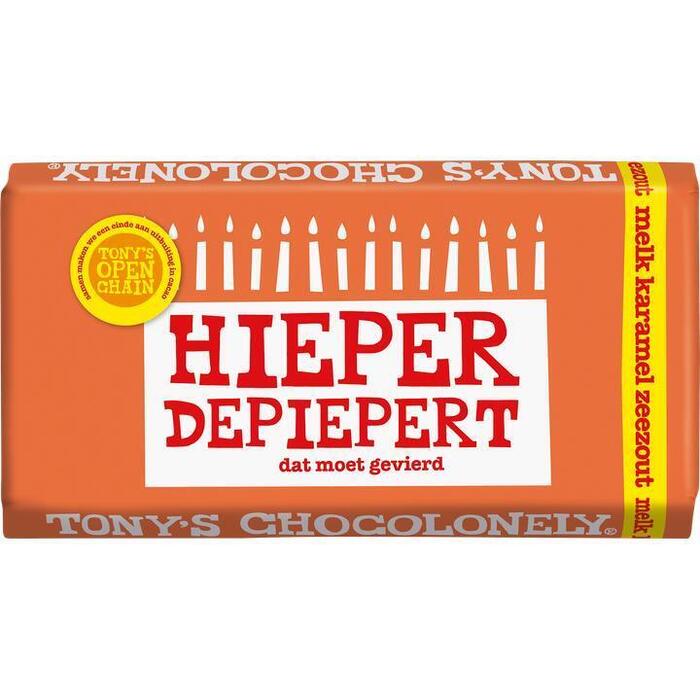 Tony's Chocolonely Melkchocolade reep Karamel Zeezout - Hieper de Piep! (180g)