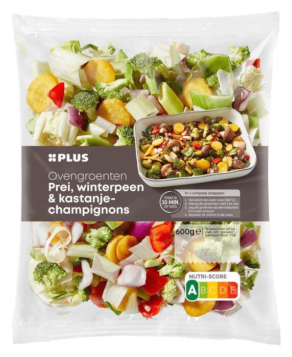 PLUS Ovengroenten prei, peen, kastanjechamp (Zak, 600g)