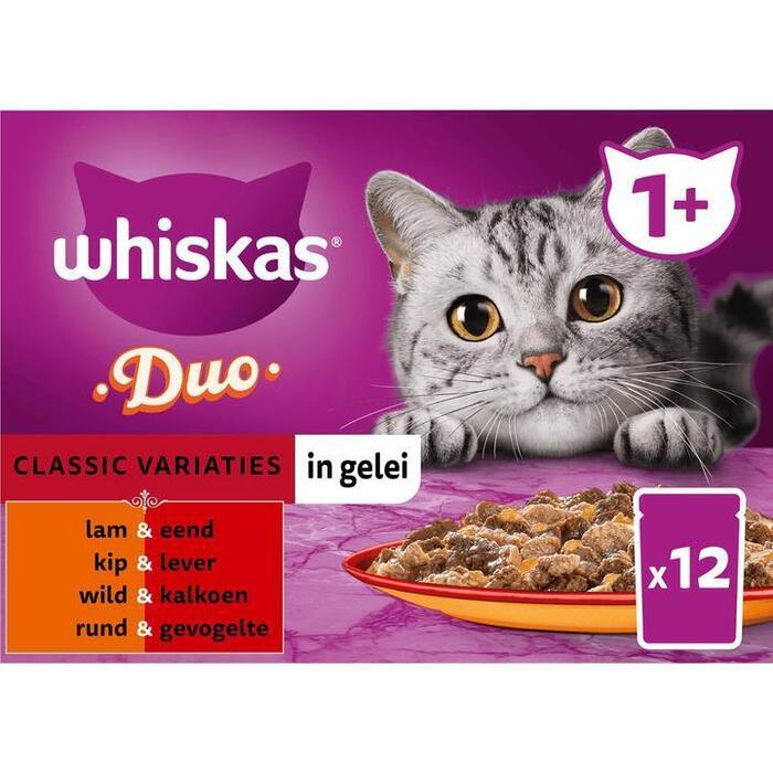 Whiskas 1+ Natvoer - Duo Classic - Variaties in gelei - maaltijdzakjes 12 x 85g (12 × 85g)