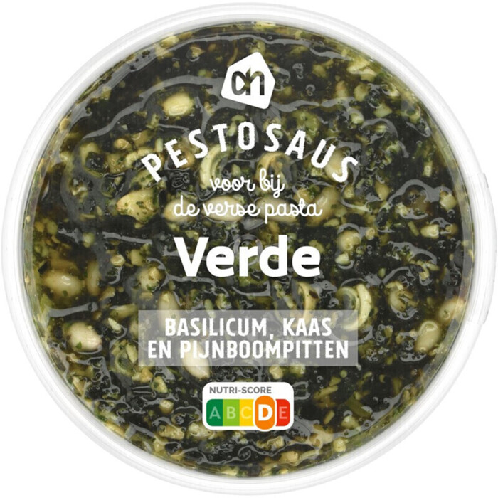 Smeuïge groene pesto met basilicum, kaas een pijnboompitten (bak, 125g)