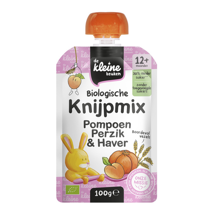 De Kleine Keuken Knijpmix pompoen perzik & haver 12m+ (100g)