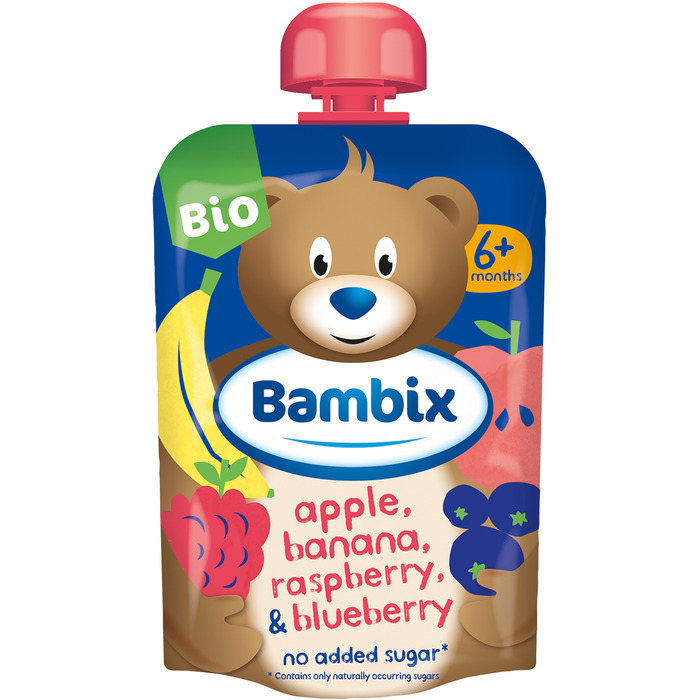 Bambix Knijpzakje Appel, Banaan, Framboos & Blauwe Bes Bio 6M+ 100g (100g)