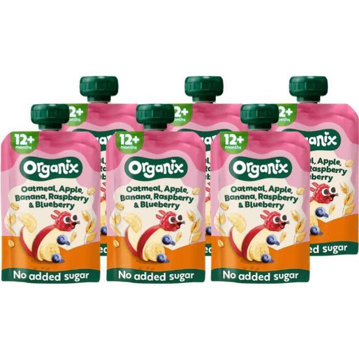 6 x Organix Knijpfruit Haver, Appel, Banaan, Aardbei, Bosbes 12mnd (100g)