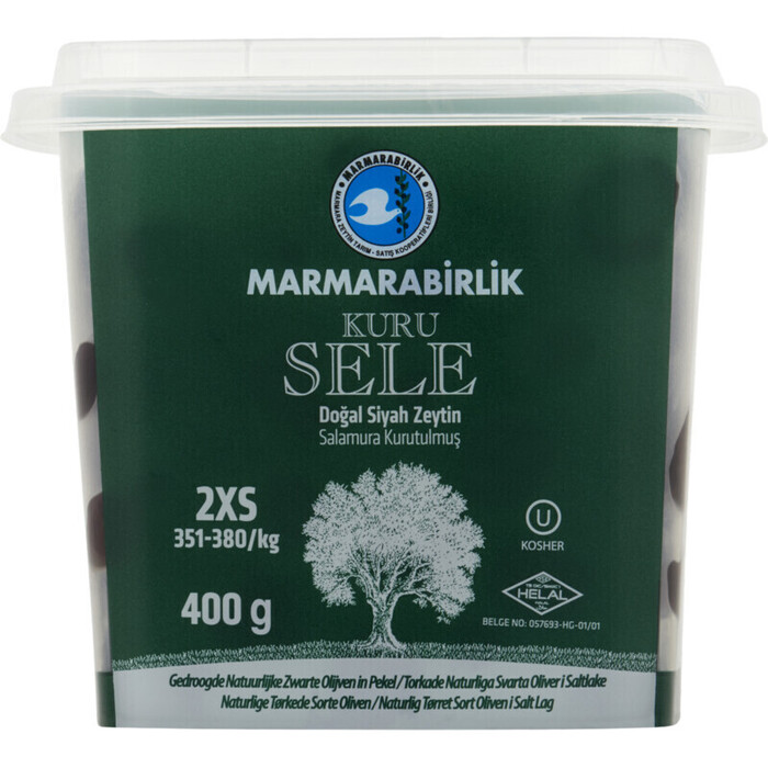 Marmarabirlik Zwarte Olijven Gedroogde Natuurlijke in Pekel 2XS 410 g Beker/kuipje (410g)