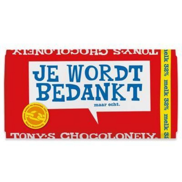 Tony's Chocolonely Melkchocolade reep - Je wordt bedankt! (180g)