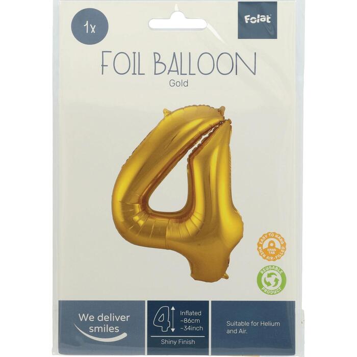 Folat Folieballon Cijfer 4 - Goud - 86 cm