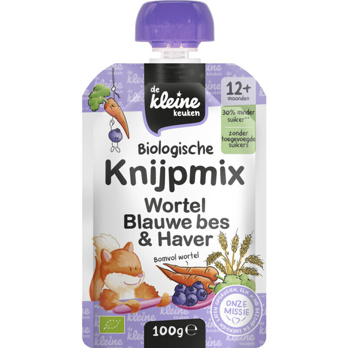 De Kleine Keuken Knijpmix wortel blauwe bes & haver 12m+ (100g)