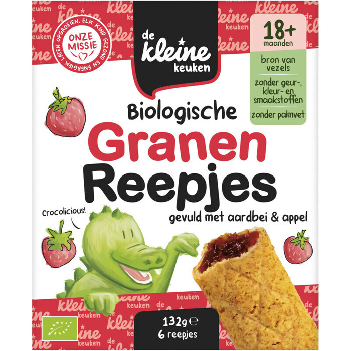 De Kleine Keuken Biologische Granen Reepjes Gevuld met Aardbei & Appel 18+ Maanden 6 Stuks 132g (132g)