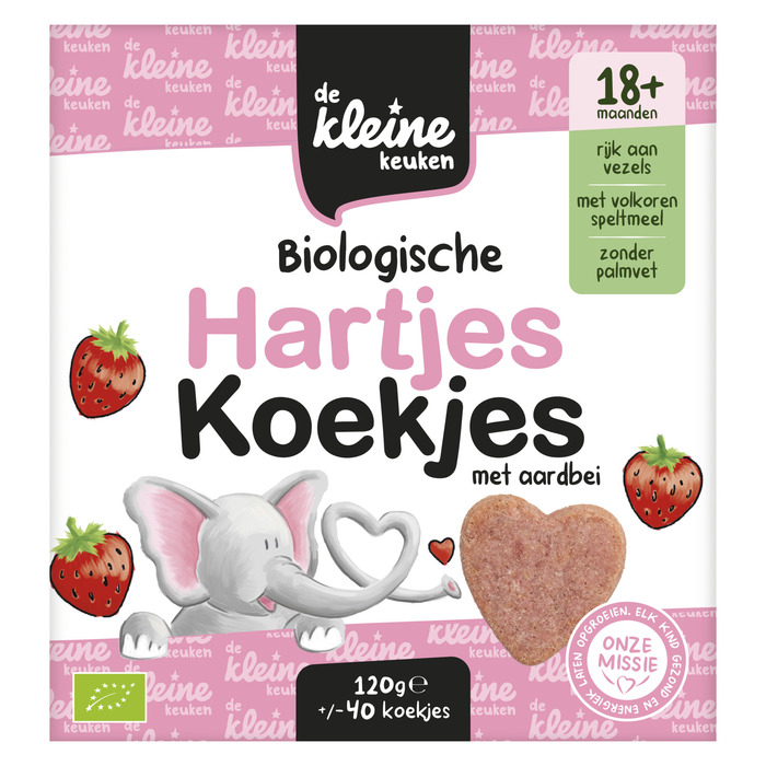 De Kleine Keuken Biologische Hartjes Koekjes met Aardbei 18+ Maanden 120g (40 × 3g)
