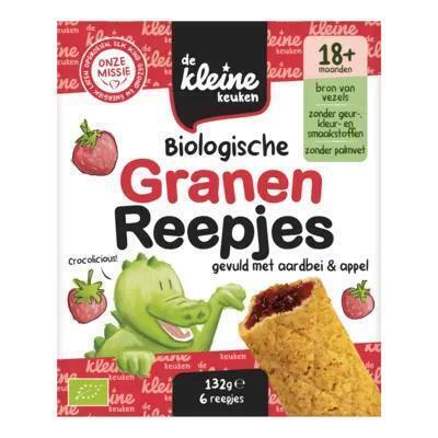 De Kleine Keuken Biologische Granen Reepjes Gevuld met Aardbei & Appel 18+ Maanden 6 Stuks 132g (132g)