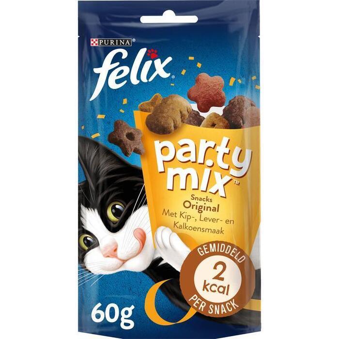 PURINA® FELIX Party Mix Snacks Original met Kip-, Lever- & Kalkoensmaak 60 g (Zak, 60g)