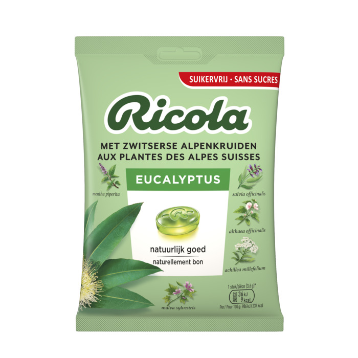 Ricola Eucalyptus Zwitserse Kruidenpastilles Suikervrij 75 g (20 × 3.75g)