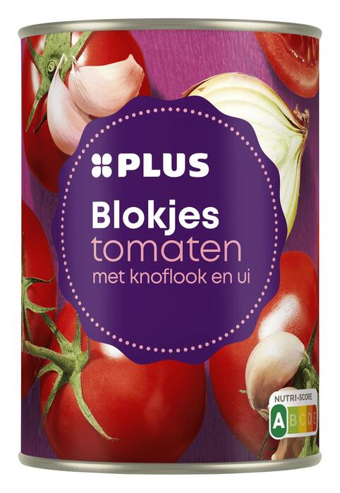 PLUS Tomatenblokjes met knoflook en ui (Blik, 400g)