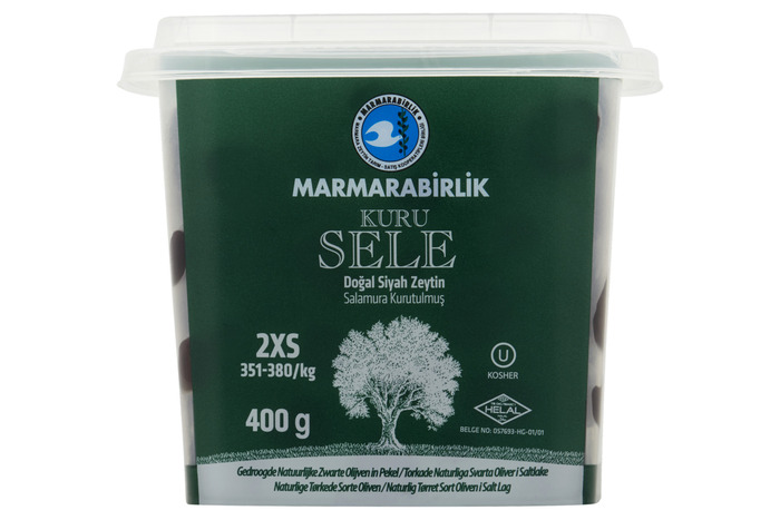 Marmarabirlik Zwarte Olijven Gedroogde Natuurlijke in Pekel 2XS 410 g Beker/kuipje (410g)