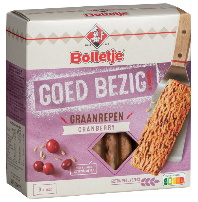 BOLLETJE Graanrepen Goed Bezig Krokant Cranberry 210g (Doos, 9 × 23.3g)