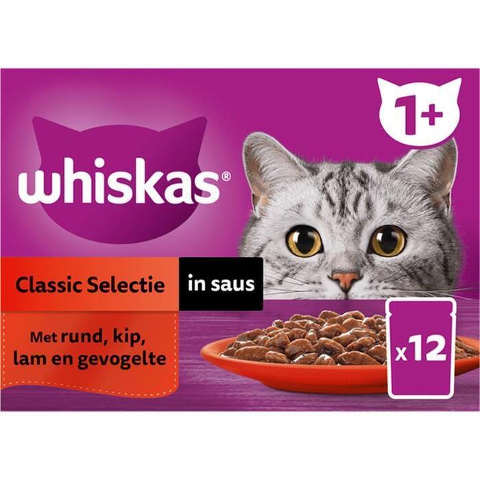 Whiskas 1+ Natvoer - Classic - Selectie in saus - maaltijdzakjes 12 x 85g (12 × 85g)