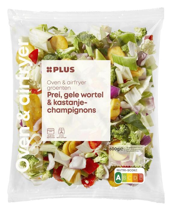 PLUS Ovengroenten prei, peen, kastanjechamp (Zak, 600g)