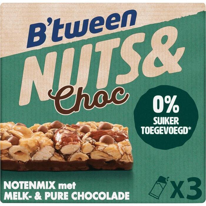B'tween Nuts & Choc Notenmix met Melk- & Pure Chocolade 3 x 32 g (3 × 32g)