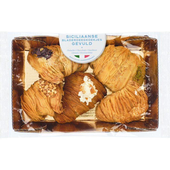 Bladerdeegkoekje gevuld met pistache-, chocolade-, hazelnoot-, citroen- en ricottacrème (190g)