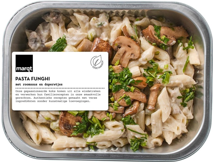 Pasta funghi met roomsaus en doperwtjes (450g)