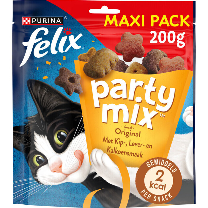 PURINA® FELIX Party Mix Snacks Original met Kip-, Lever- & Kalkoensmaak 200 g (Zak, 200g)