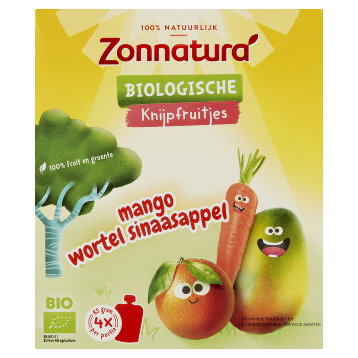 Knijpfruit Mango-Wortel-Sinaasappel (4 × 85g)