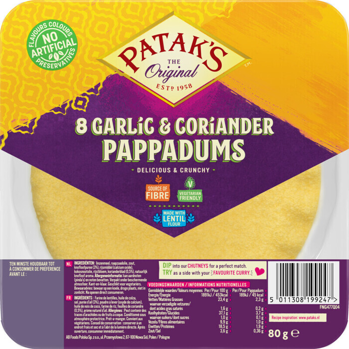 Patak's Pappadums garlic coriander kant en klaar (80g)