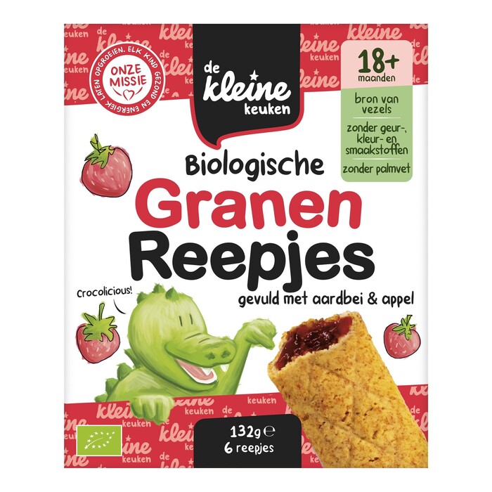 De Kleine Keuken Biologische Granen Reepjes Gevuld met Aardbei & Appel 18+ Maanden 6 Stuks 132g (6 × 22g)