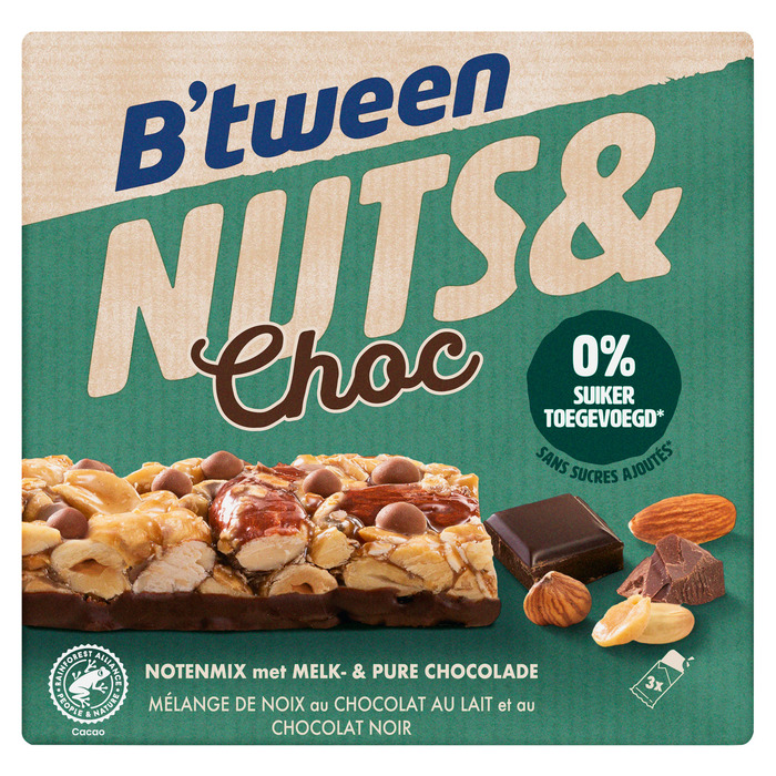 B'tween Nuts & Choc Notenmix met Melk- & Pure Chocolade 3 x 32 g (3 × 32g)