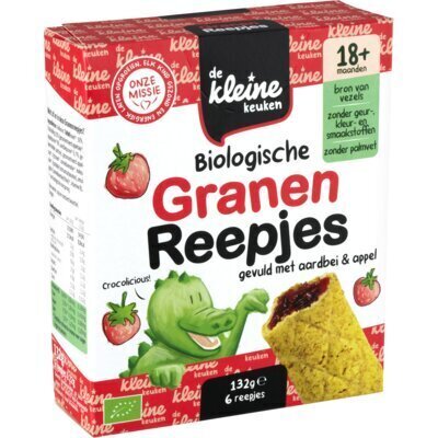 De Kleine Keuken Biologische Granen Reepjes Gevuld met Aardbei & Appel 18+ Maanden 6 Stuks 132g (132g)