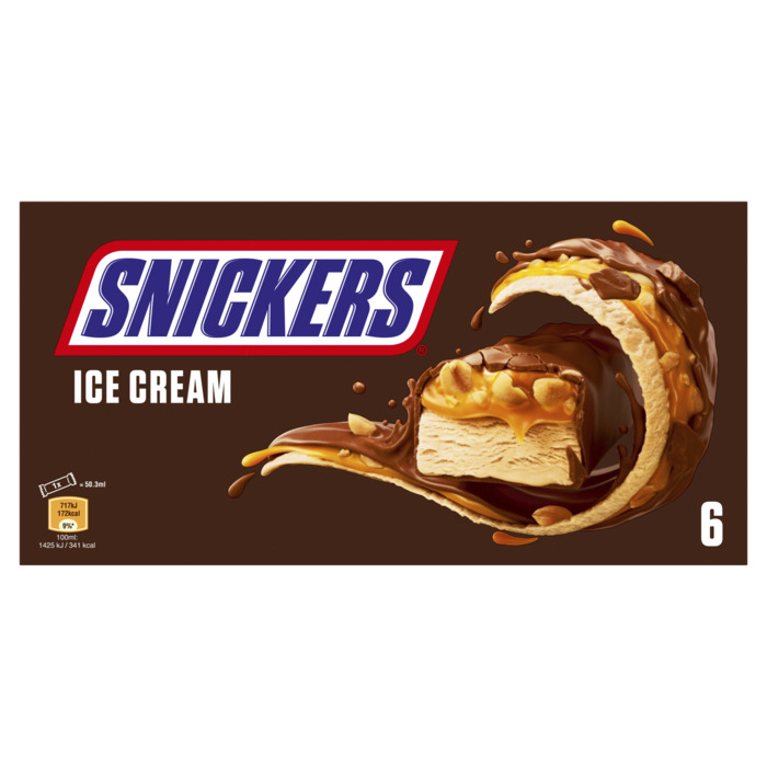 Snickers chocolade roomijs 6 Stuks (doos, 6 × 50.3ml)