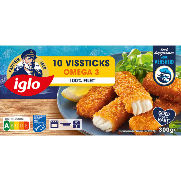 Iglo Vissticks Omega 3 10 Stuks 300 g (Doos, 10 × 30g)