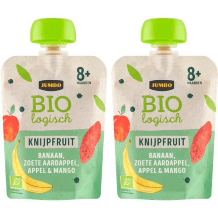 Jumbo Biologisch Fruit- & Groentehapje - Banaan, Zoete Aardappel, Appel & Mango 8+ Maanden 2x 90 g