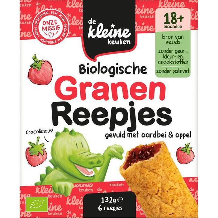 De Kleine Keuken Biologische Granen Reepjes Gevuld met Aardbei & Appel 18+ Maanden 6 Stuks 132g (132g)